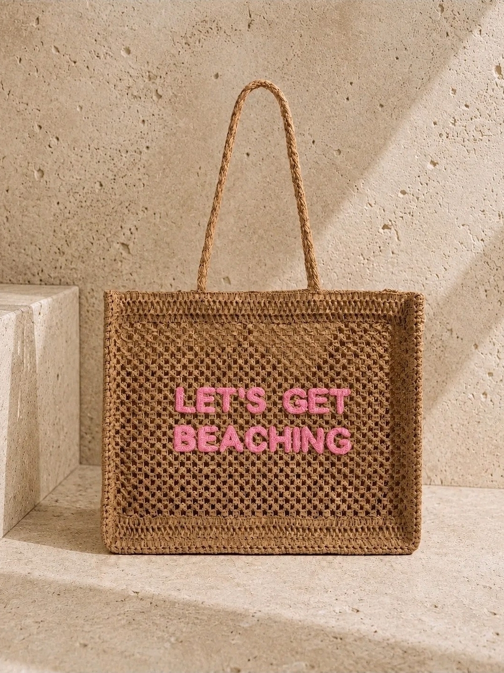Natural Straw Tote with Pink "LET'S GET BEACHING" Text